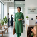 A woman walks through a modern office lobby wearing a green striped kurta and matching pants, carrying a brown handbag. An inset in the bottom right shows a close-up of a green jhumka earring.