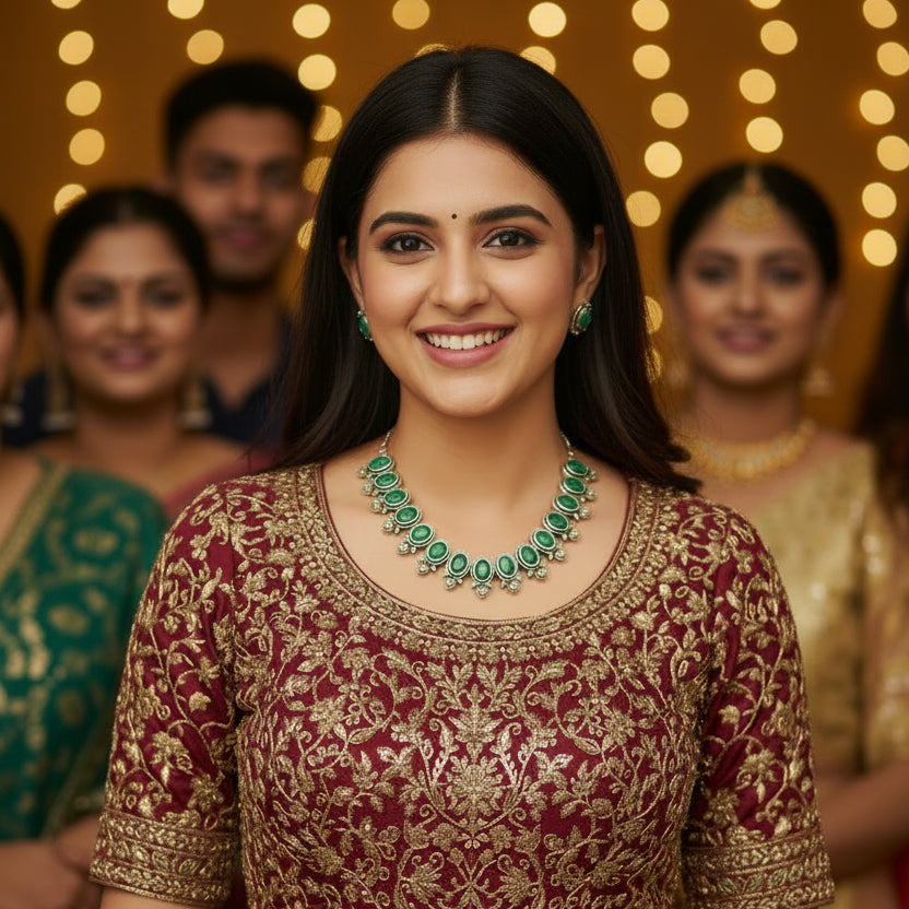 A gold-tone jewelry set featuring a necklace and matching earrings with oval green stones, displayed on a translucent card over a dark blue patterned fabric background.