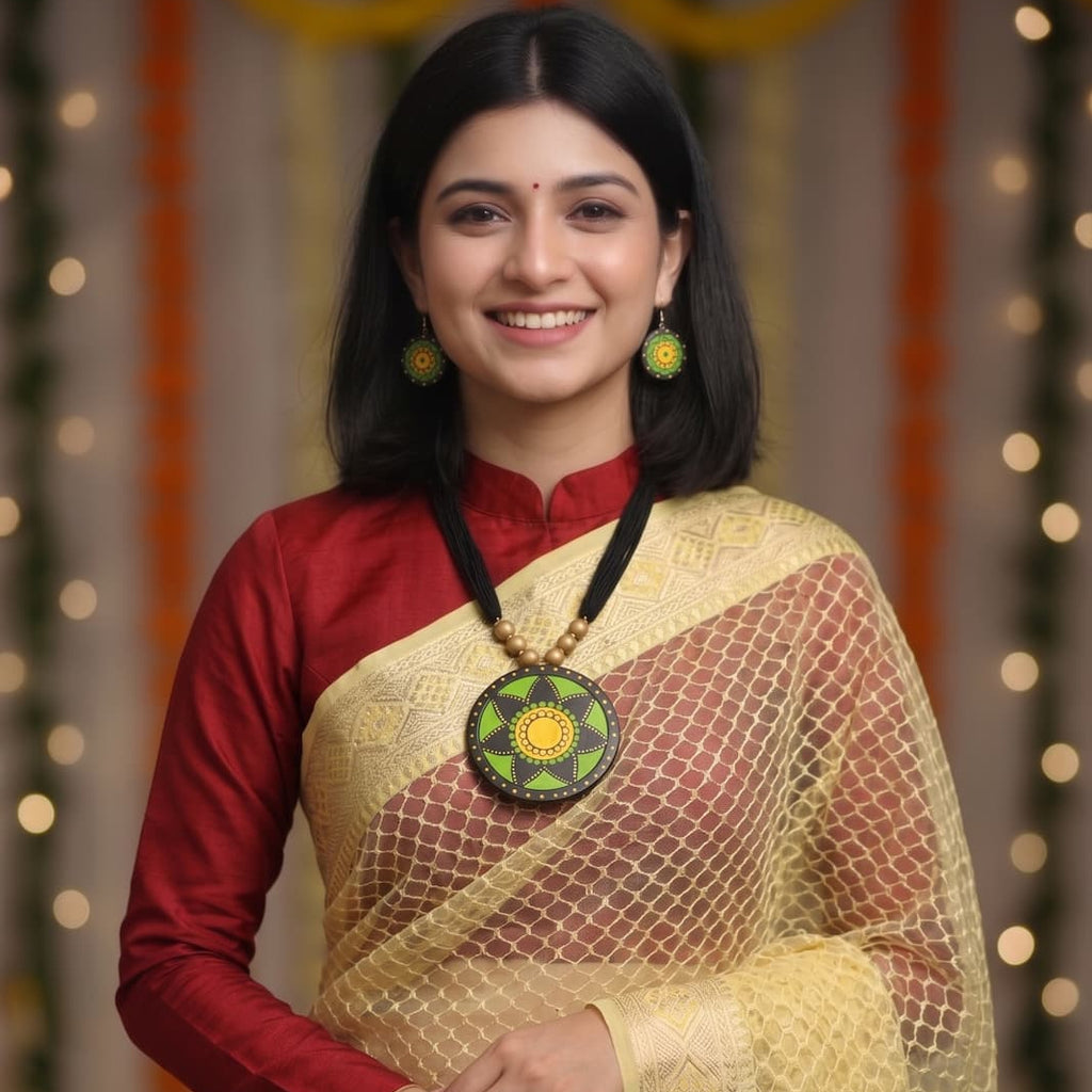 A woman wearing a traditional Indian saree with a red long-sleeve blouse and a yellow-gold patterned saree, accessorized with a large green and gold pendant necklace and matching earrings, set against a festive background with warm bokeh lights.