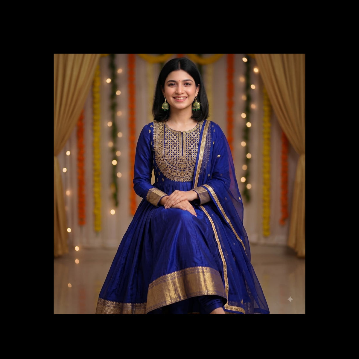 A woman wearing a royal blue traditional ethnic outfit with gold embroidery, seated against a decorated backdrop with gold curtains and warm string lights.