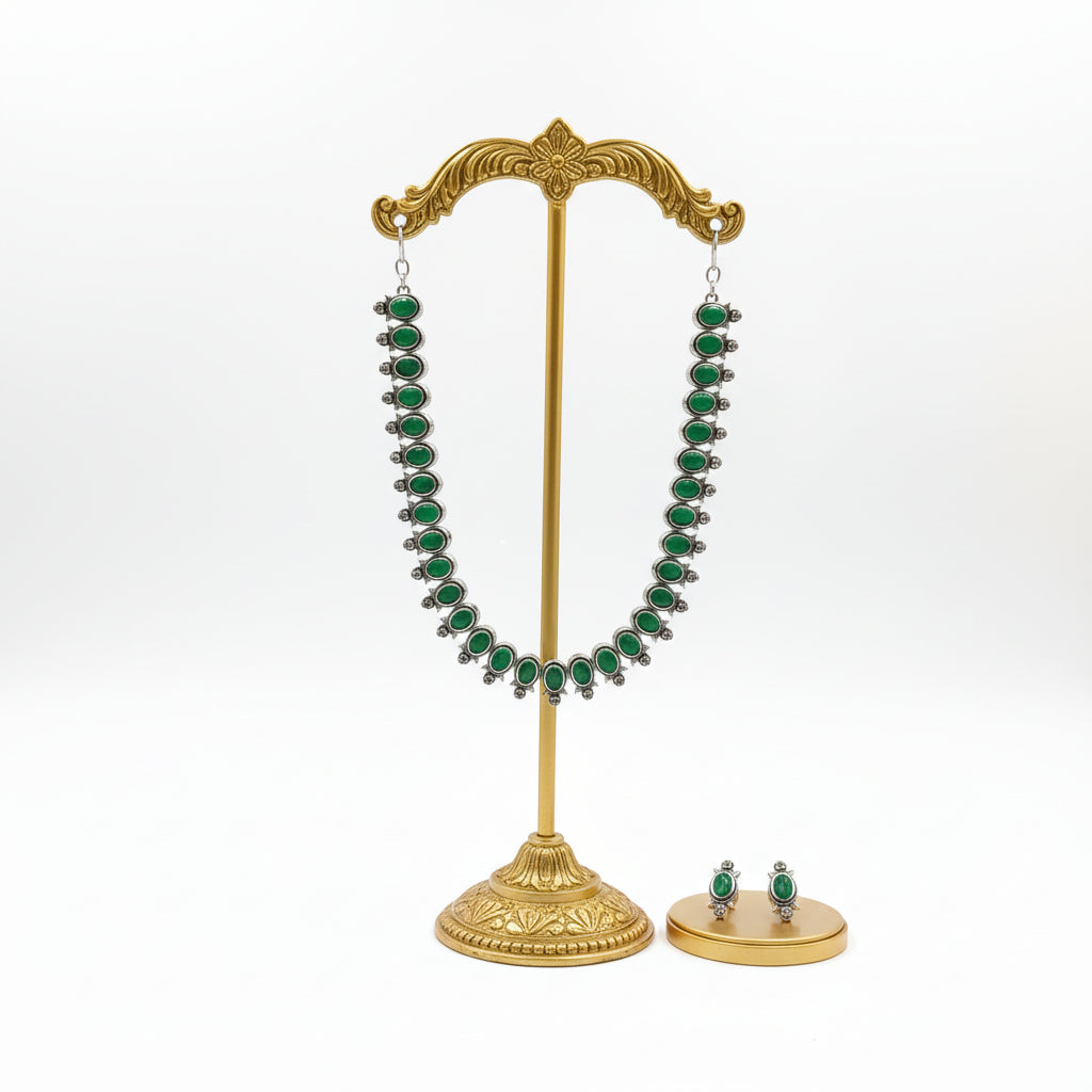 Emerald Green Oxidised Kundan Necklace Set with Earrings