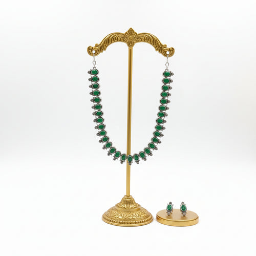 Emerald Green Oxidised Kundan Necklace Set with Earrings