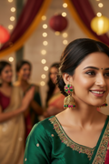 A pair of gold-plated Indian jhumka earrings with green and pink enamel flower details and dangling bead accents, shown on a plain white background.