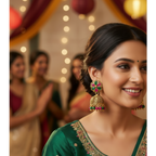 A pair of gold-plated Indian jhumka earrings with green and pink enamel flower details and dangling bead accents, shown on a plain white background.