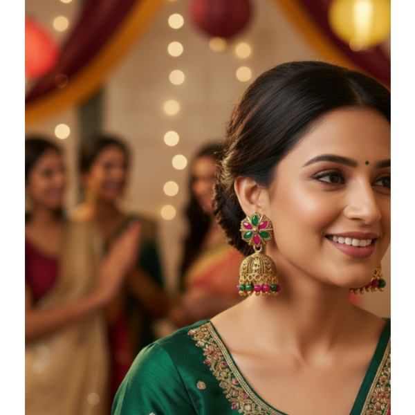 A pair of gold-plated Indian jhumka earrings with green and pink enamel flower details and dangling bead accents, shown on a plain white background.