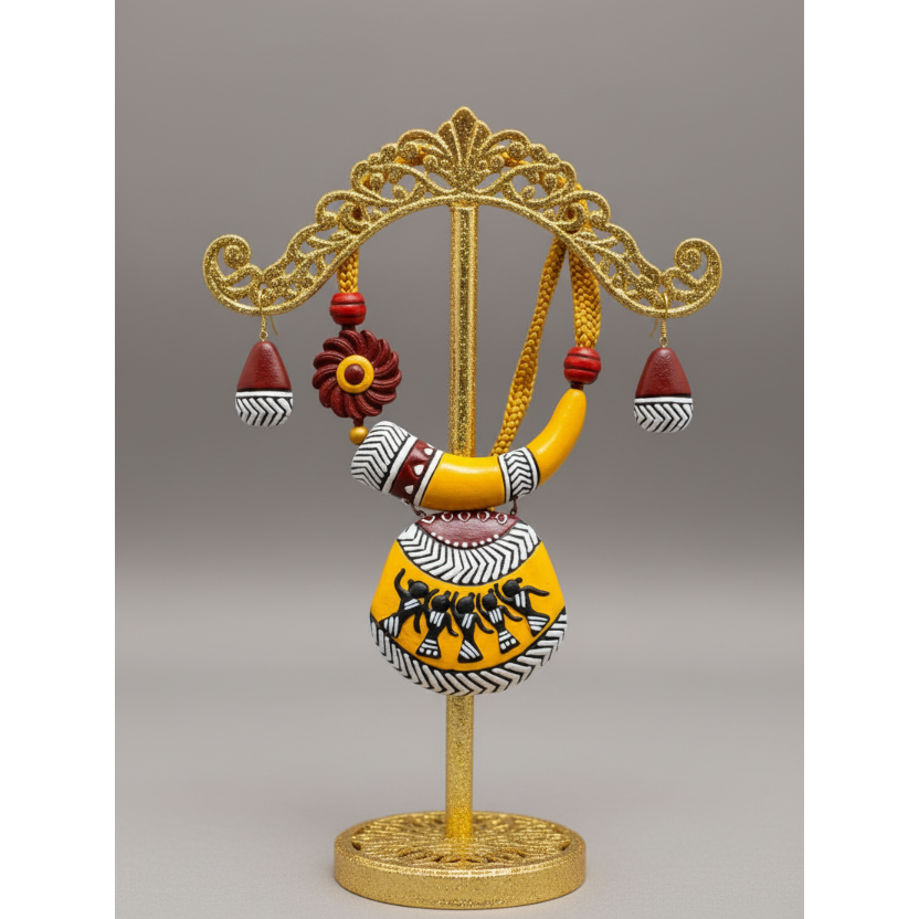 A terracotta clay jewelry set by Avigna Terracotta, featuring a large necklace and matching earrings displayed on a round woven mat. The jewelry is decorated with yellow, red, black, and white patterns, including a curved collar and a large pendant with figures.