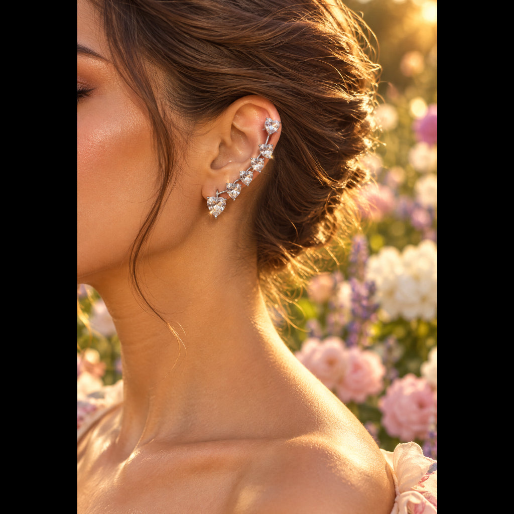 Heart Cascade Ear Cuff — Silver