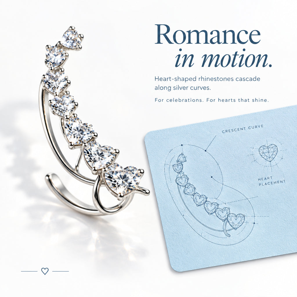 Heart Cascade Ear Cuff — Silver