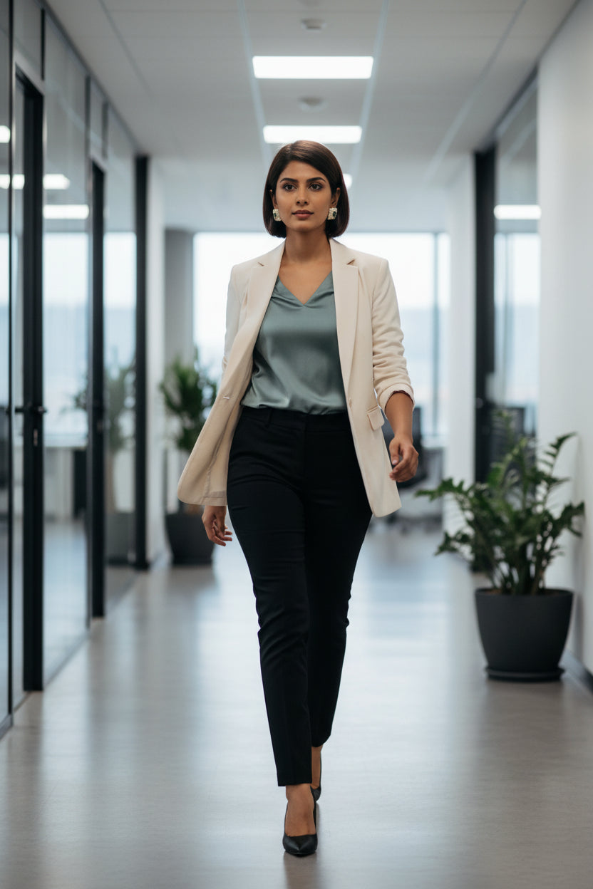 A woman walks down a modern office hallway wearing a light beige blazer, a sage green satin blouse, black trousers, and black heels.
