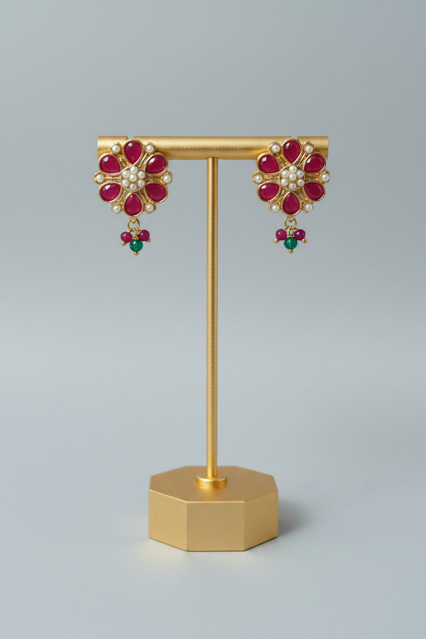 Floral Jadau Kundan Pearl Drop Stud Earrings