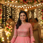 A woman wearing a pink traditional gown with intricate gold embroidery, standing in a decorated event space with warm string lights and blurred background figures.