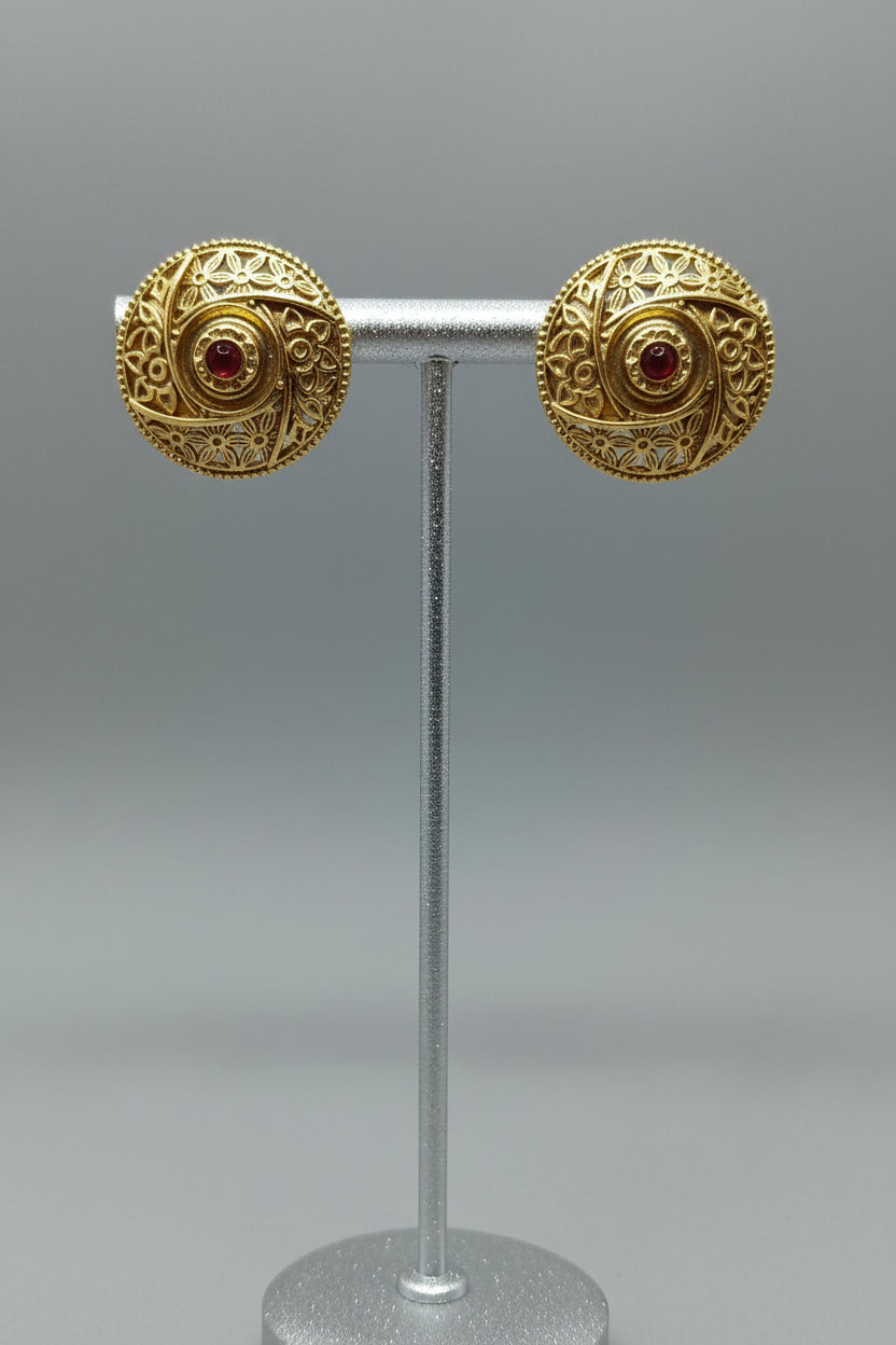 A pair of Antique Copper Filigree Floral Jali stud earrings with intricate cut-out patterns, displayed on a plain background.