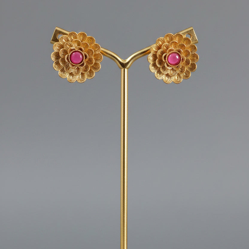 Gold Floral Ruby Mandala Stud Earrings | Copper-Tone
