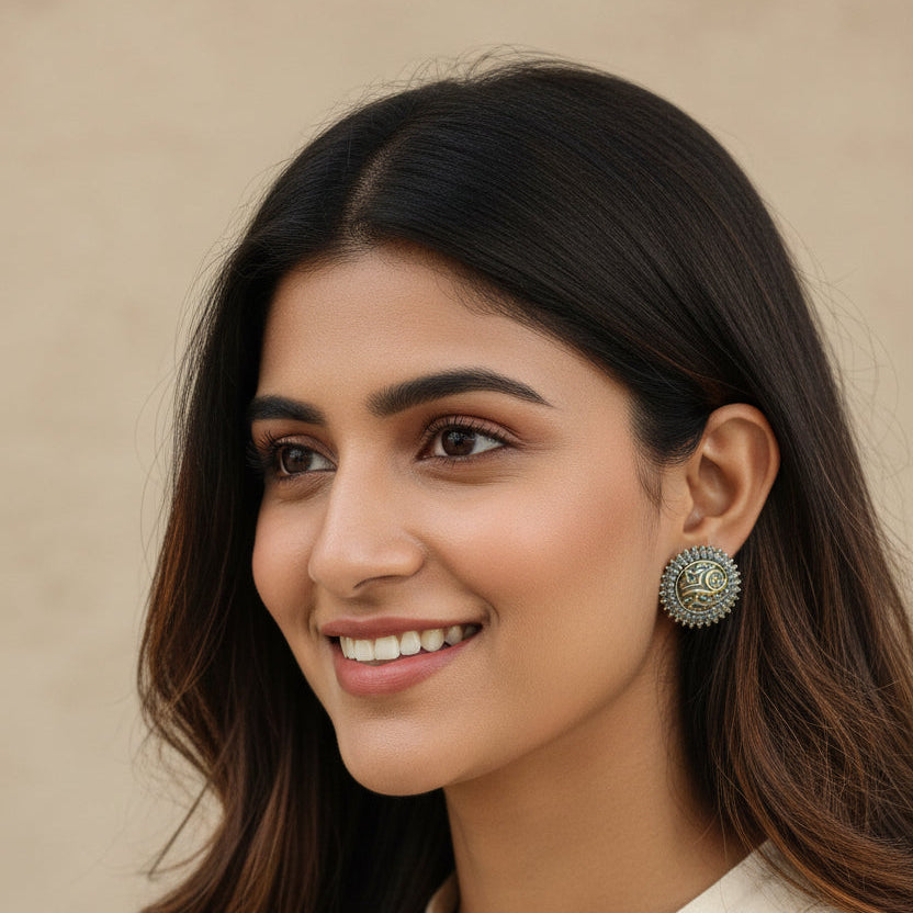 Antique Gold Filigree Floral Stud Earrings | Blue Accent