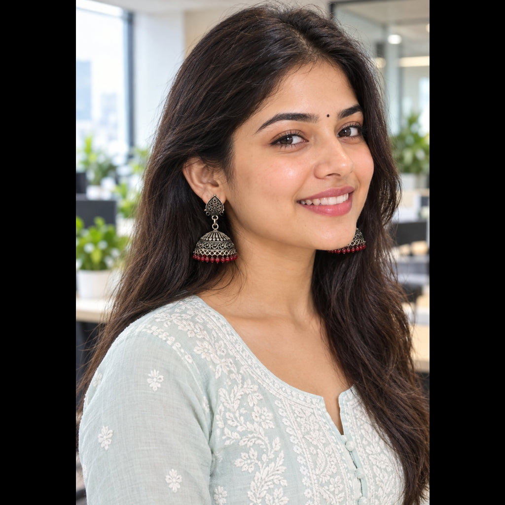 Oxidised Floral Jhumki Earrings | White Pearl Fringe