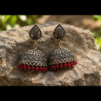 Oxidised Peacock Jhumki Earrings | Red Stone Dome