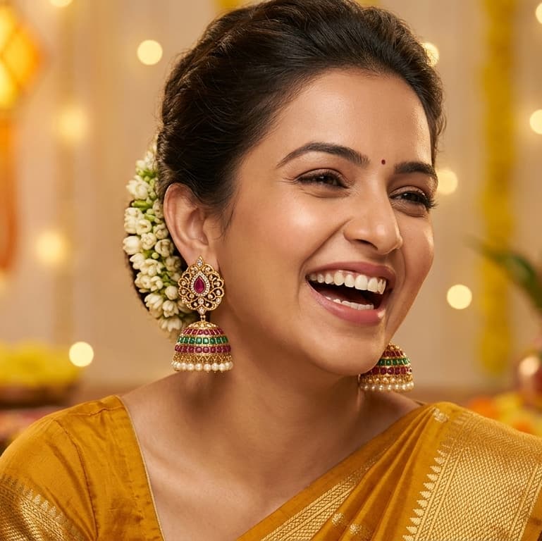 A close-up of a woman wearing ornate traditional Indian jhumka earrings with red and green stone accents and white floral hair accessories, smiling in a warm festive setting.