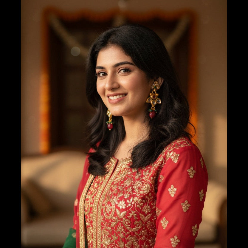 A woman wearing a red traditional embroidered outfit with gold detailing and green sleeves, photographed indoors against a softly blurred warm-toned background.