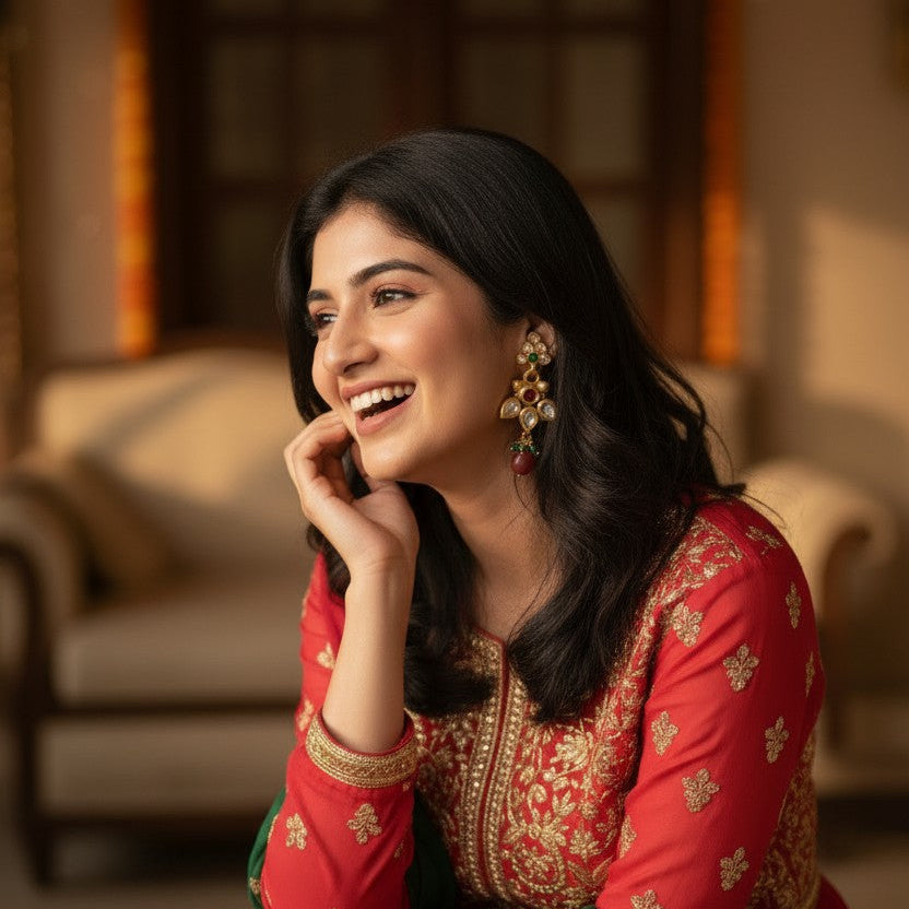 A woman wearing a traditional red and green embroidered Indian outfit with gold detailing, seated in a warmly lit indoor setting.
