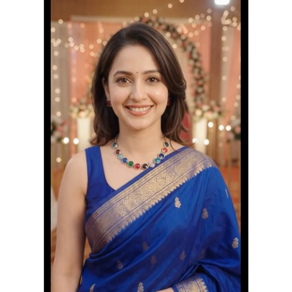 A woman wearing a royal blue saree with a gold zari border and a colorful beaded necklace, smiling in a warmly lit indoor setting.