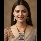 A handcrafted Terracotta Square Multicolour Necklace Set with matching earrings, displayed against a plain background.