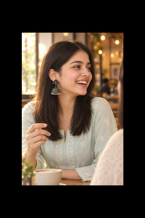 Antique Gold Fan Jhumki Earrings | White Pearl Fringe