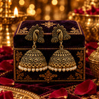 Antique Gold Fan Jhumki Earrings | White Pearl Fringe