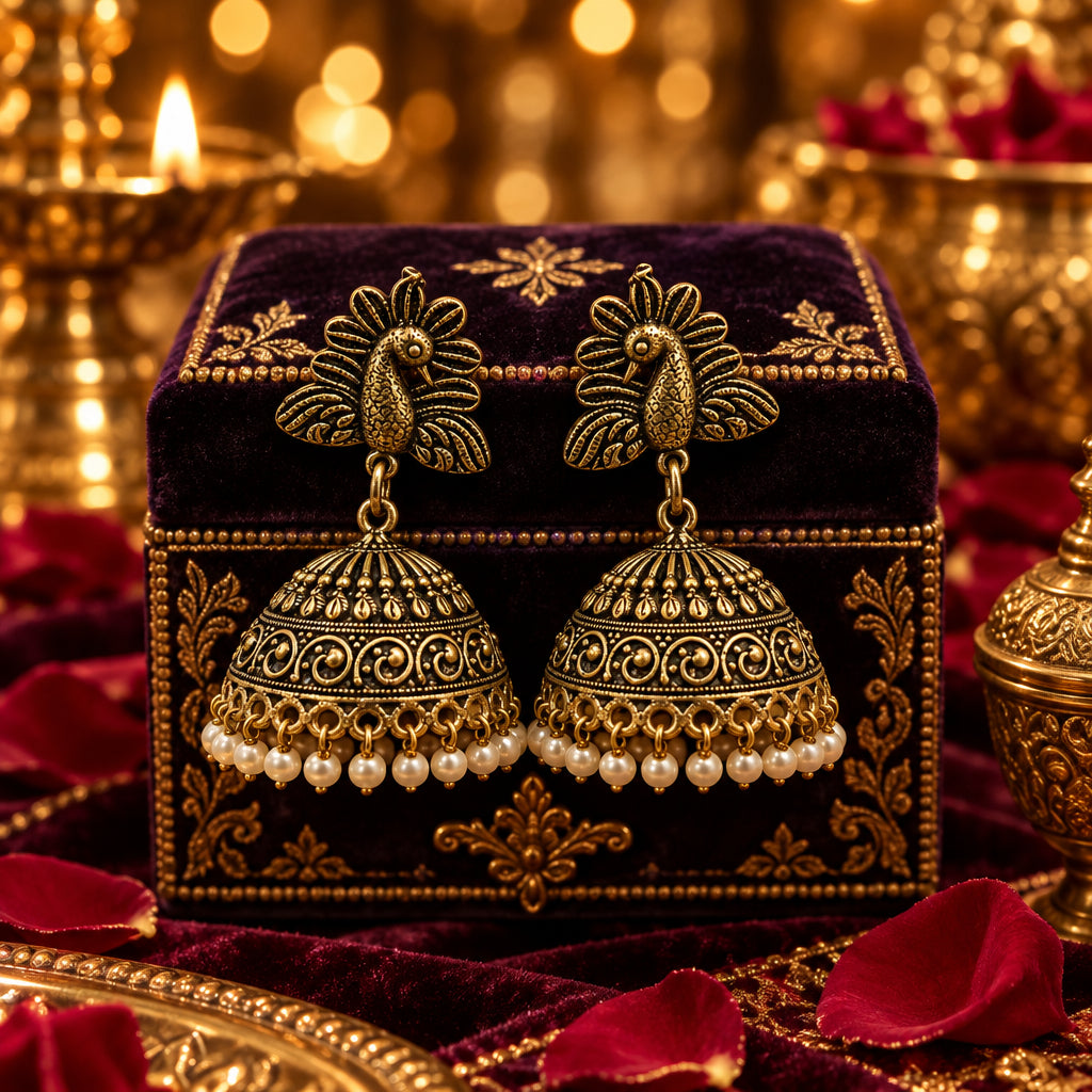 Antique Gold Fan Jhumki Earrings | White Pearl Fringe