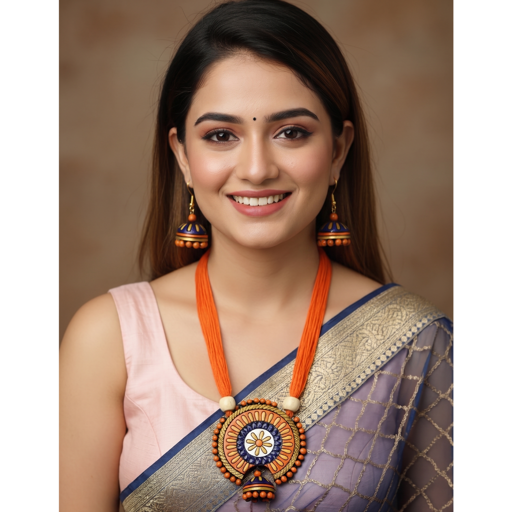 A smiling woman wearing a traditional Indian outfit with a lavender and gold saree, a light pink blouse, and a prominent orange and gold statement necklace and matching earrings, set against a warm brown studio background.
