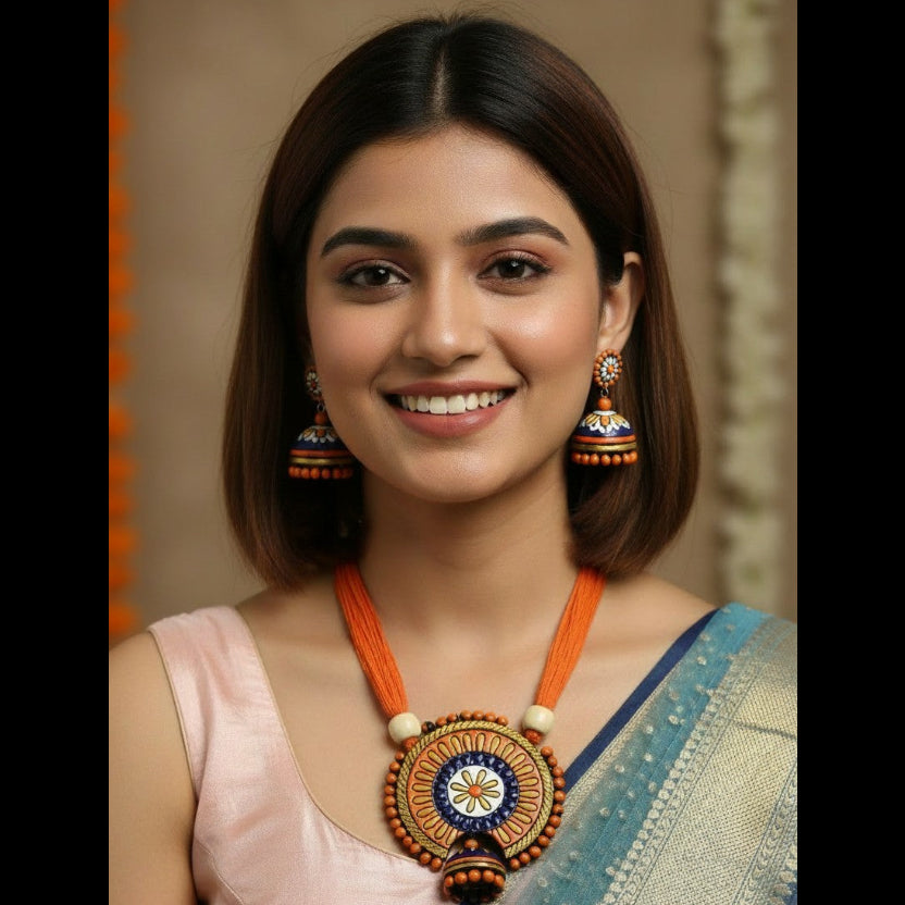 A smiling woman with shoulder-length brown hair wearing a peach-pink sleeveless top and a blue saree, styled with a large orange and gold beaded necklace and matching orange and gold jhumka earrings.