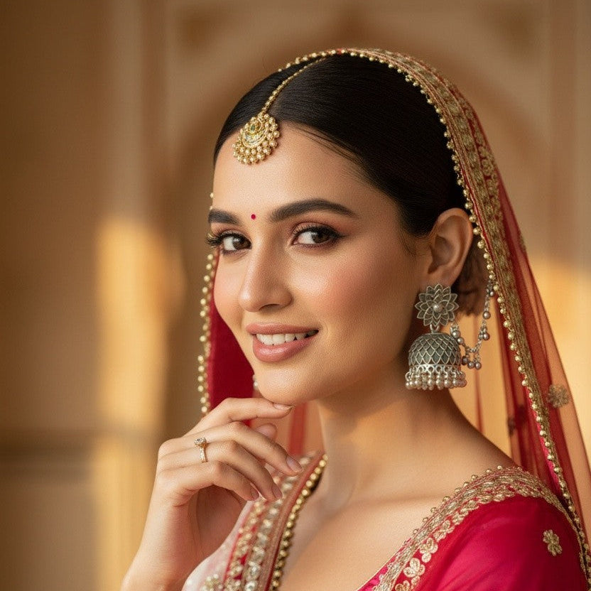 A woman wearing traditional Indian bridal attire, featuring a bright pink and red embroidered saree with gold detailing, a matching sheer dupatta, and ornate gold jewelry, set against a warm, softly blurred background.