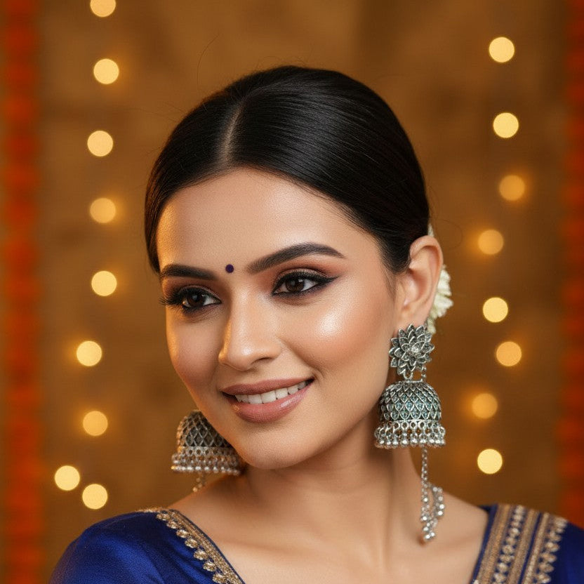 A woman wearing a royal blue saree with gold zari embroidery, styled with traditional silver-toned earrings, against a warm bokeh background of golden lights.