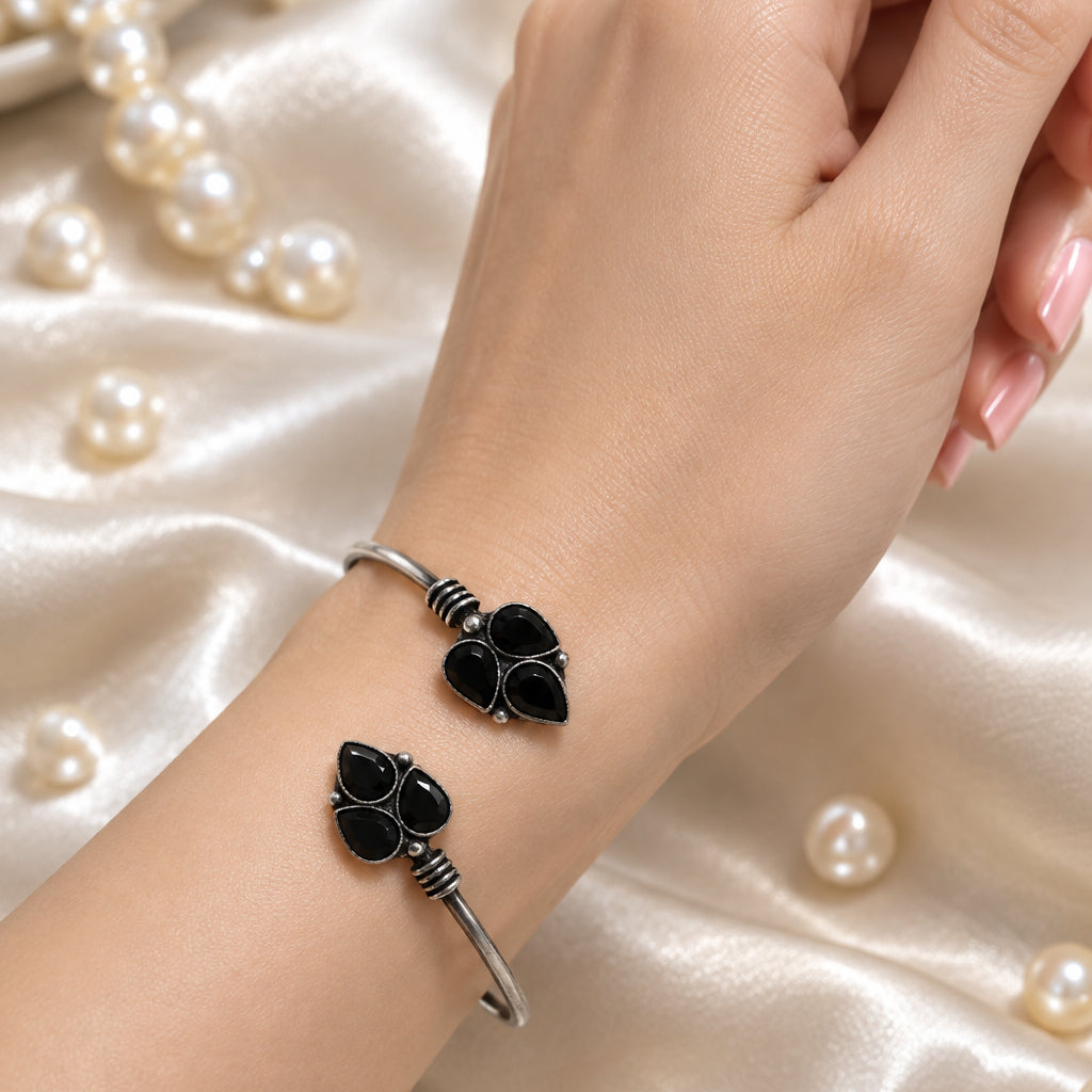 Oxidised Black Onyx Teardrop Bangle | Elegant Black Gemstone Bracelet