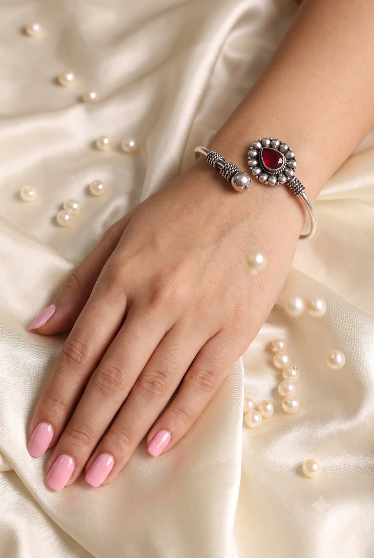 Oxidised Ruby Teardrop Floral Bangle | Beaded Gemstone Bracelet