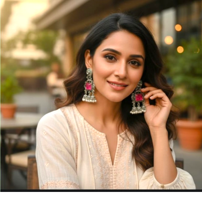 A woman wearing large ornate silver-toned jhumka earrings with bright pink stones, posing in a cream-colored embroidered top against a softly blurred outdoor patio background.