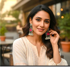 A woman wearing large ornate silver-toned jhumka earrings with bright pink stones, posing in a cream-colored embroidered top against a softly blurred outdoor patio background.