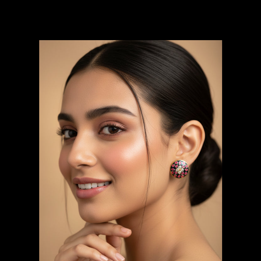 A pair of gold-toned stud earrings displayed on a matching ornate gold stand against a gray gradient background. Each earring has a round black face decorated with pink floral motifs and small clear stones.