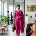 A woman walks through a modern office wearing a bright magenta pink salwar kameez set with a matching dupatta and pink tassel earrings. An inset in the bottom right shows a close-up of the earring.