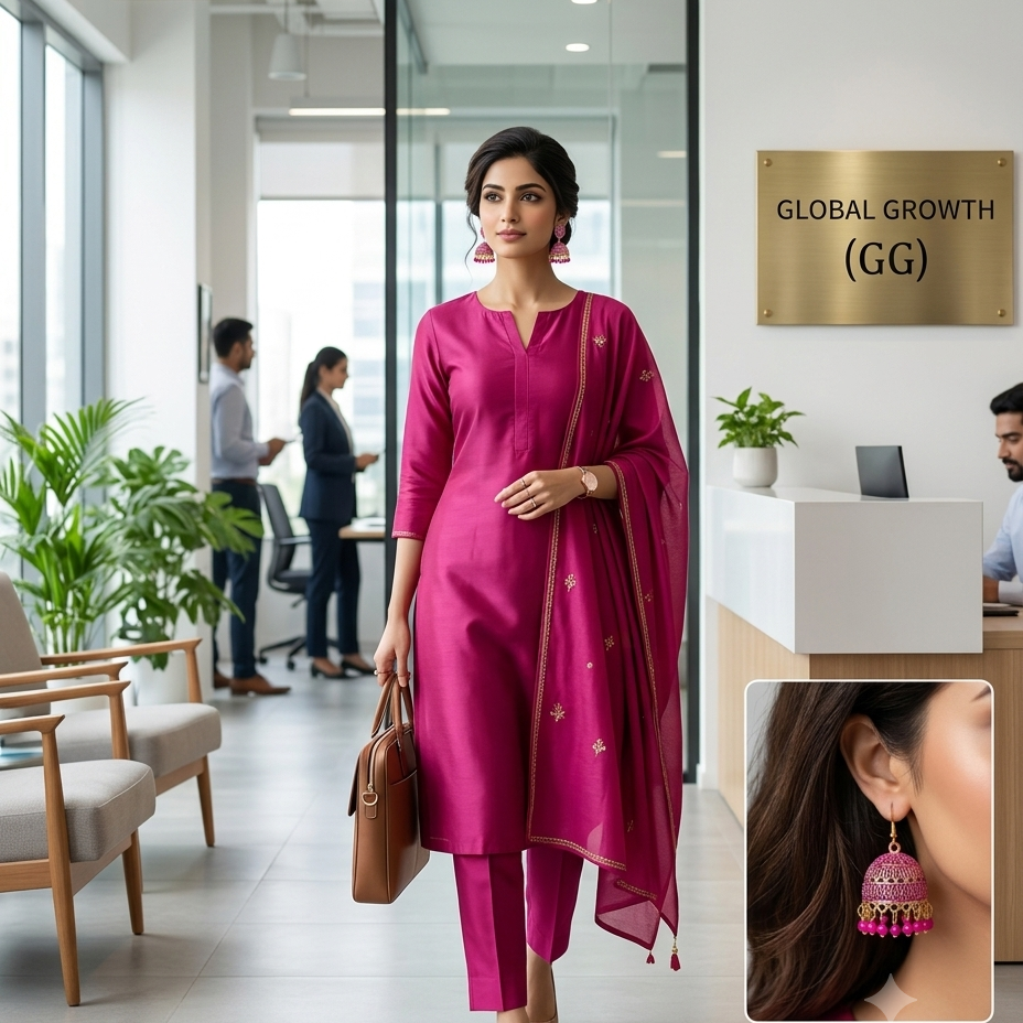 A woman walks through a modern office wearing a bright magenta pink salwar kameez set with a matching dupatta and pink tassel earrings. An inset in the bottom right shows a close-up of the earring.