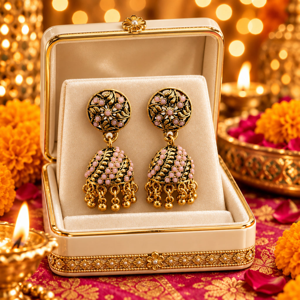 A pair of ornate gold-toned jhumka earrings with pink and white stone embellishments, hanging from a white jewelry display card.