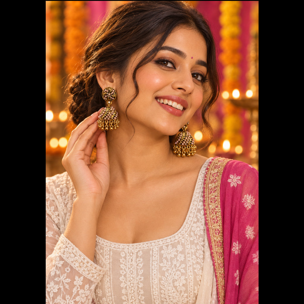 A pair of ornate gold-toned jhumka earrings with pink and white stone embellishments, hanging from a white jewelry display card.