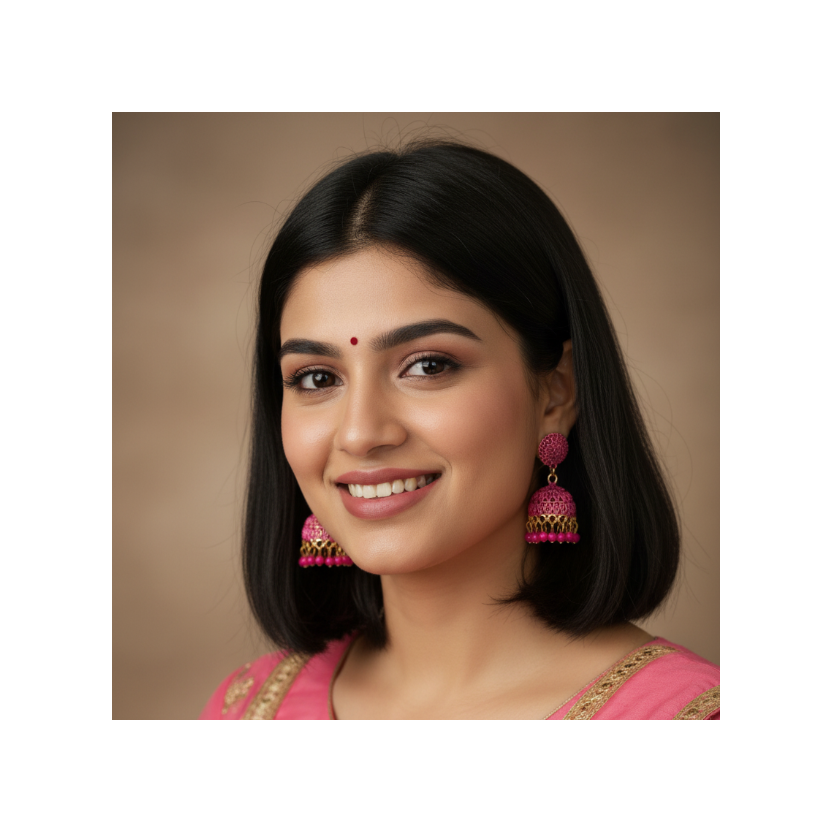 A pair of traditional Indian jhumka earrings with pink beaded fringe and gold-tone hooks, displayed on a white card against a solid gray background.