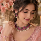 A woman wearing a pink embellished traditional outfit and jewelry set, featuring a pink and silver-toned beaded necklace with white pearl-like accents, matching drop earrings, and a bracelet.