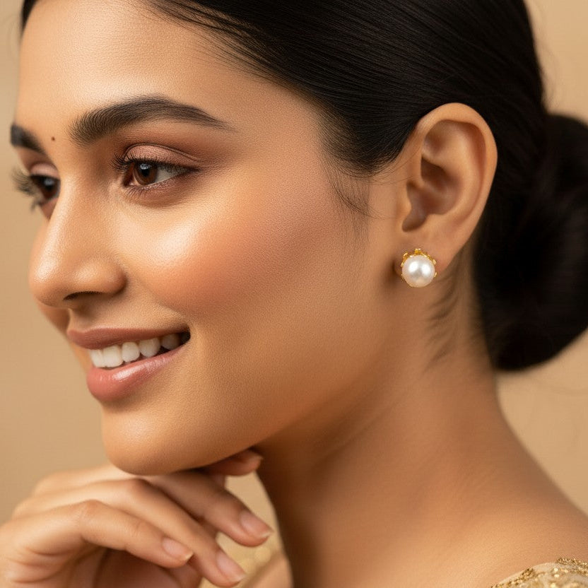 A close-up portrait of a woman with dark hair in a bun, wearing a small gold stud earring with a white pearl, set against a warm beige background.