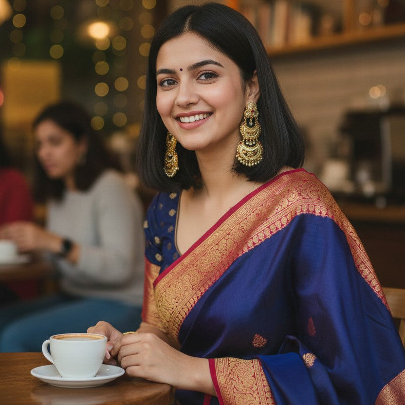 A woman wearing a royal blue and gold saree sits at a wooden table in a cozy cafe, holding a white teacup. The background features warm bokeh lights and bookshelves.
