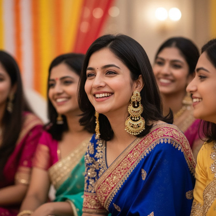 A woman in a royal blue saree with intricate gold and red embroidery, wearing large gold earrings, sitting and smiling in a festive indoor setting with other women in traditional Indian attire in the background.