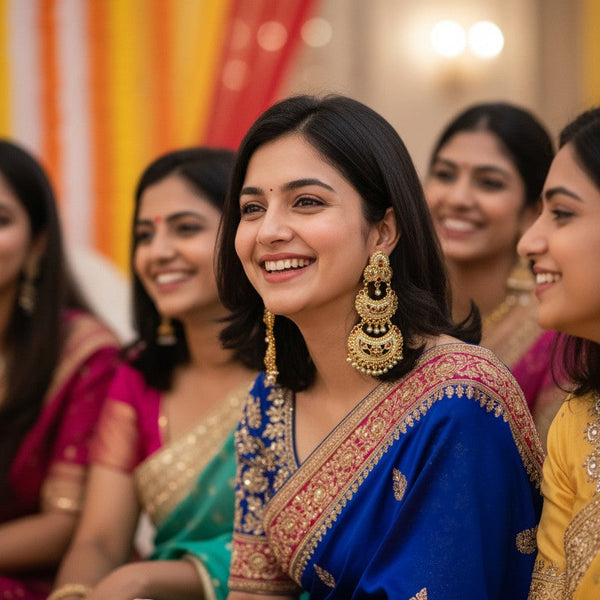 A woman in a royal blue saree with intricate gold and red embroidery, wearing large gold earrings, sitting and smiling in a festive indoor setting with other women in traditional Indian attire in the background.