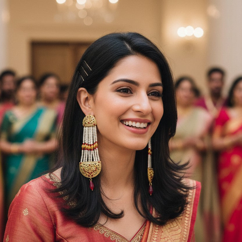 A smiling woman in a traditional Indian outfit with long, ornate gold and red beaded earrings, standing in a grand hall with blurred people in the background.