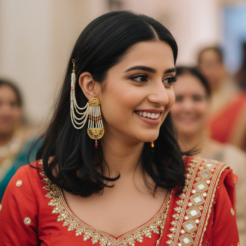 A woman wearing a red traditional outfit with ornate gold embroidery and matching gold earrings, photographed in a softly blurred indoor event setting.
