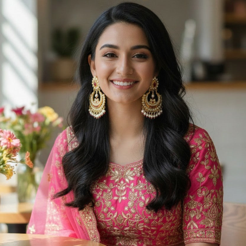 A woman with long, wavy black hair is seated indoors, wearing a bright pink traditional outfit with ornate gold embroidery and matching pink dupatta. She is also wearing large gold earrings.